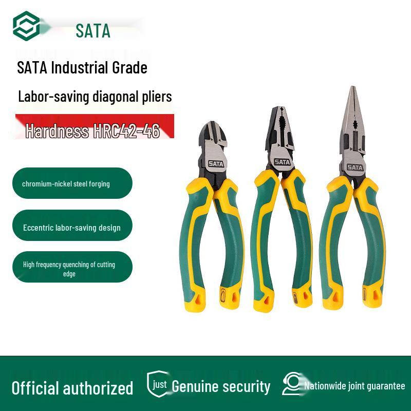 SATA 70221D, 70222D, 70223D Electrician's Tools: Combination, Long Nose, and Diagonal Cutting Pliers with Wire Cutters.