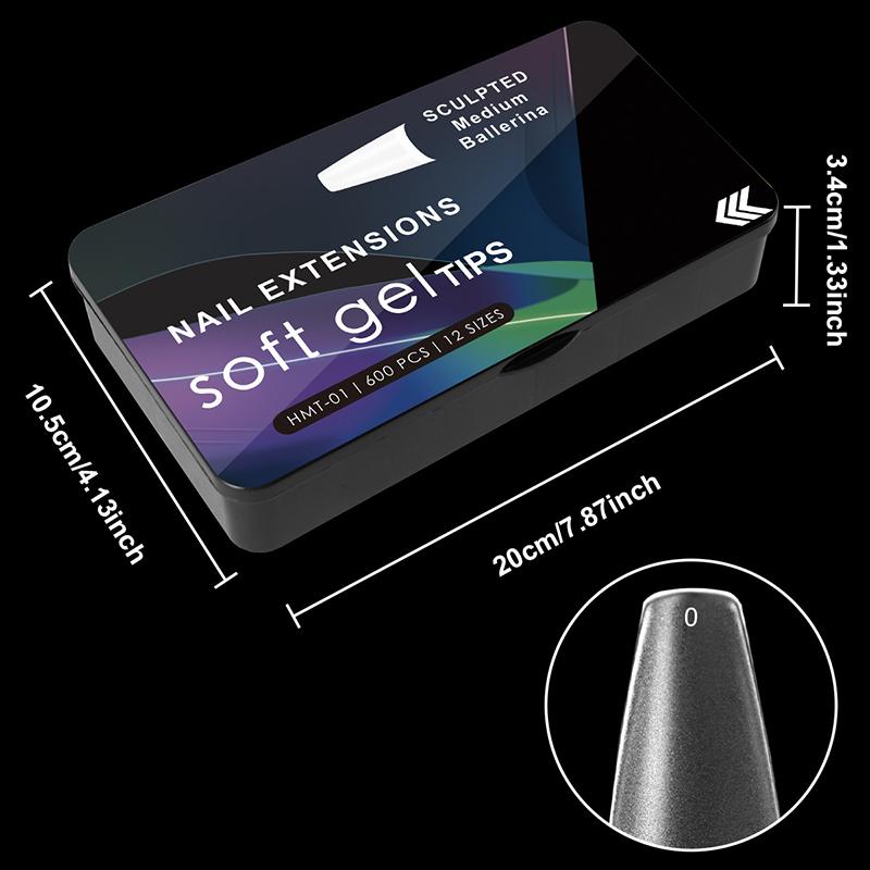 600 Peças/Caixa Pontas de Unha de Gel Macio Pré-Lixadas Cobertura Total Formato Caixão Amêndoa Oval Pontas para Extensão de Unha Meio Fosco Gel Unha Postiça Salão