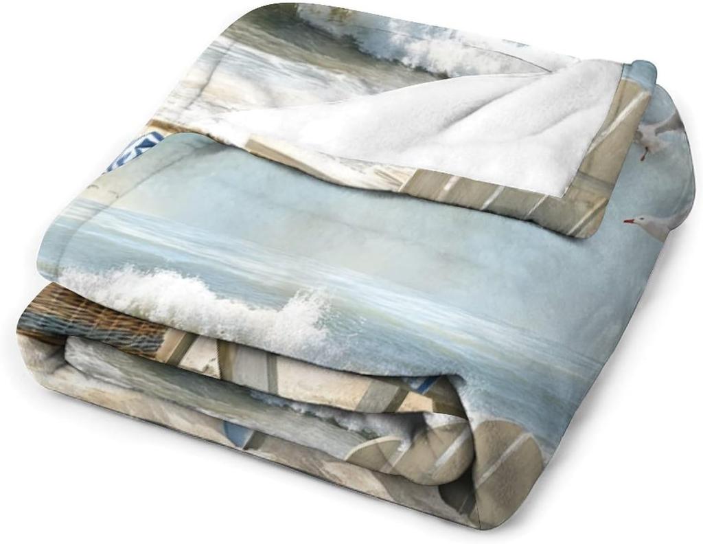 Beach Blanket Ocean View Seagull Chair Waves Coastal Decor Soft Throw Seaside Art Bedroom Textile Relaxing Home Accessory