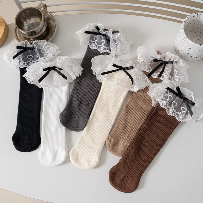 White Lace Socks Children Cotton Socks Korean Girl Bow Lolita Princess Long Socks Solid Color Kids Knit Stockings Spring Autumn