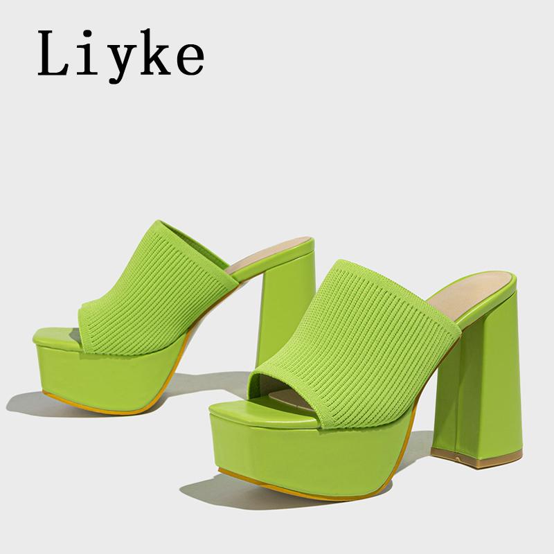 Fashion Liyke Summer Fashion Green Knitting Women's Slippers Banquet Nightclub Platform Chunky High Heels Slide Mule Shoes Female Sandal