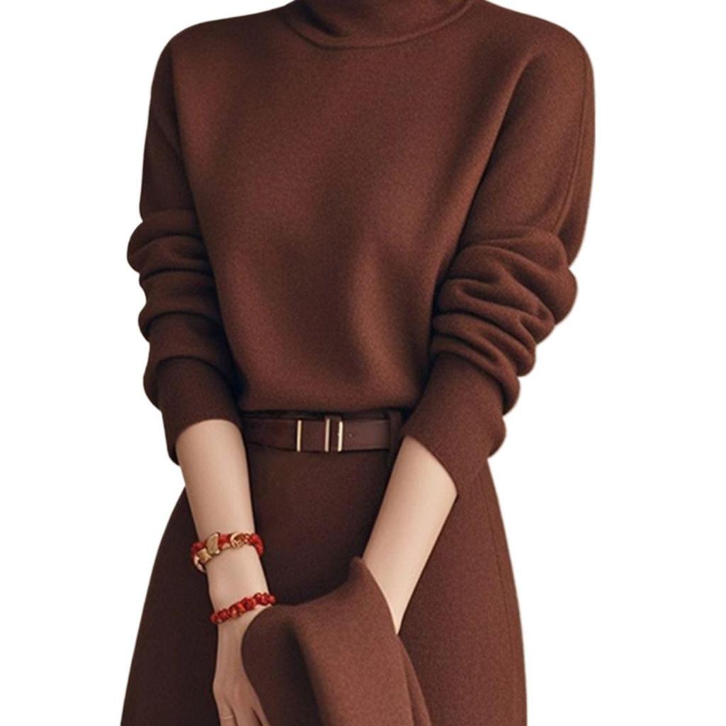 2025 Coffee Turtleneck Knit Dress: Mid-Length, Elegant Autumn/Winter Fashion.