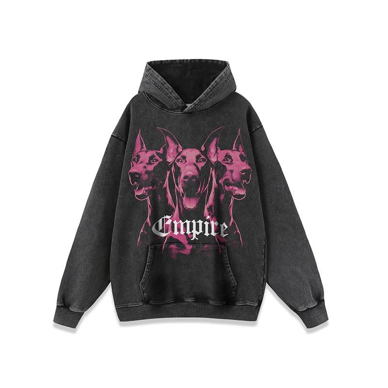 Oversized Vintage Dog Print Distressed Hoodie Mens Streetwear Cotton Long Sleeve Loose Fit