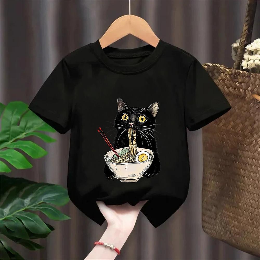 Noodle Ramen Cat TShirt Foodie Lover T Shirts Black Cat Noodle Kids TShirts Retro Casual Short Sleeve Tshirt Girl Boy Clothes