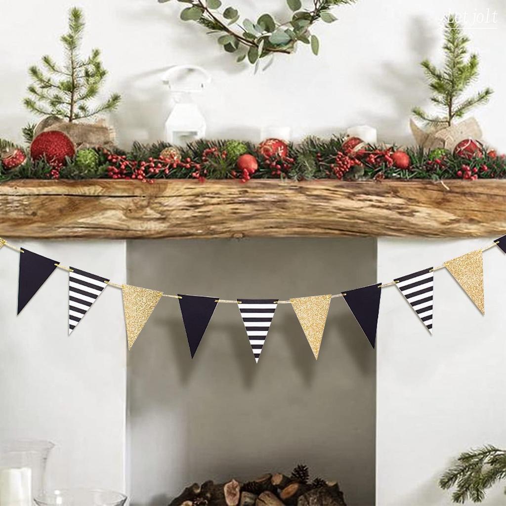 Golden Black Triangle Banner Decorations New Years Pennant Bunting Signs Decoration for Birthday Gatsby Party Nursery Anniversary Graduation Decor