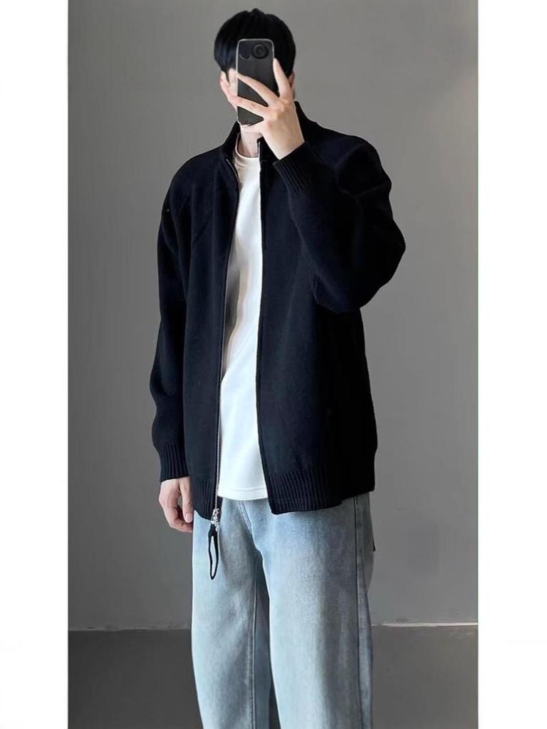 Men's Korean Style Double Zipper Stand Collar Knit Cardigan Jacket for Autumn and Winter Casual Wear
