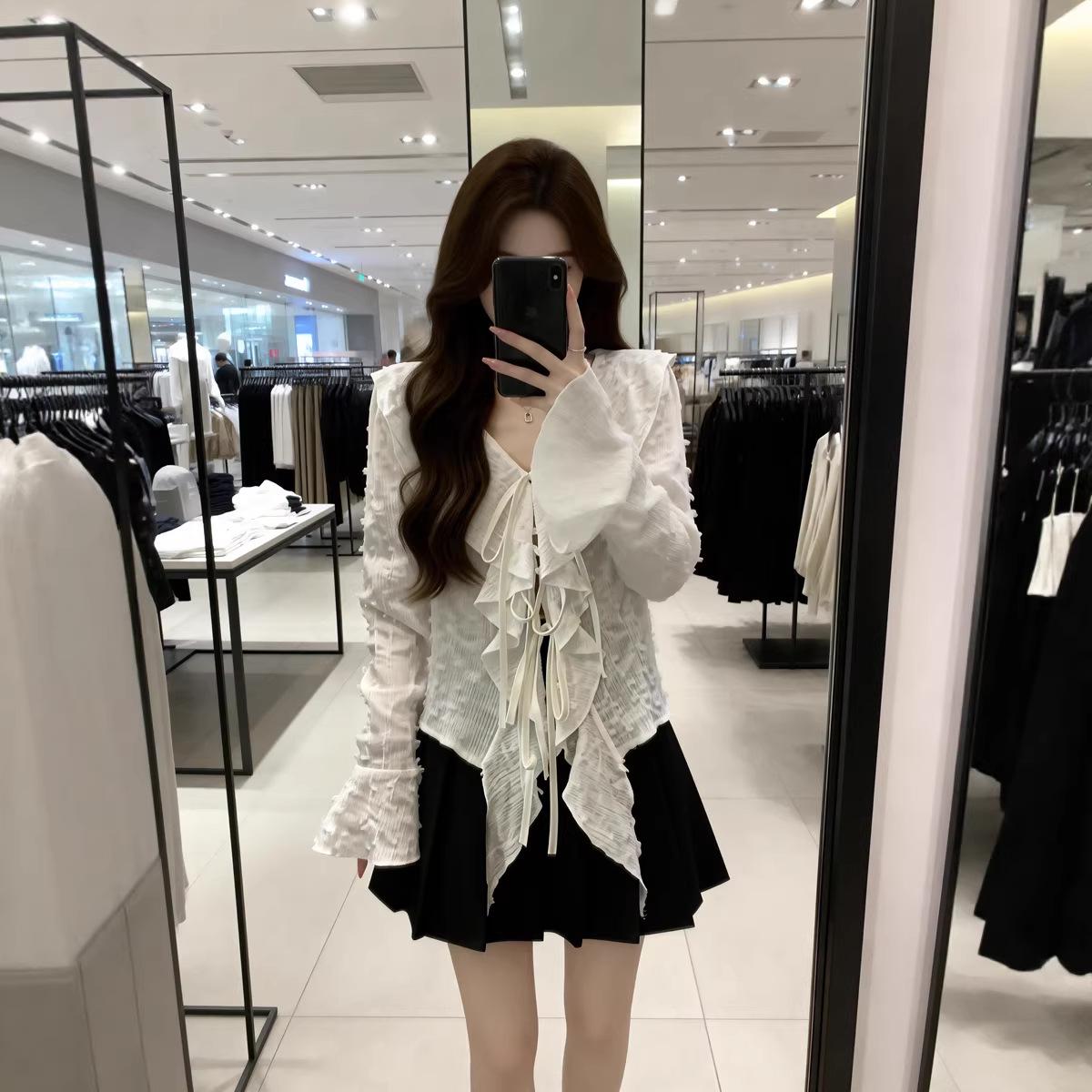 2026 Spring/Summer Women s Plus Size Slimming Lapel Tie French Design Versatile Top L белый