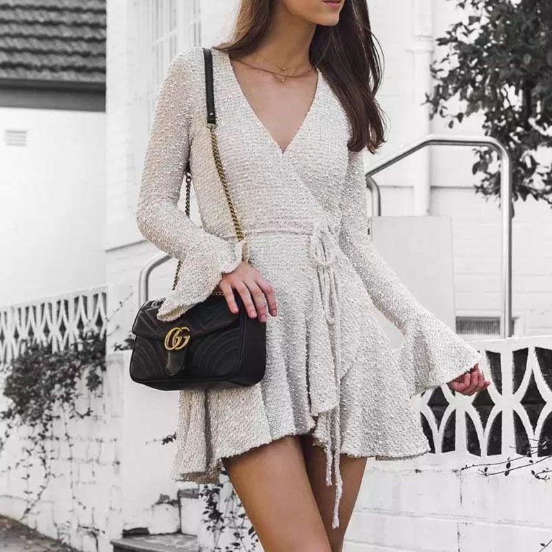 

Fashion Female Mini Deep V Long Sleeve Shoelace Dress Deep V Long Sleep Lace up Dress White XL