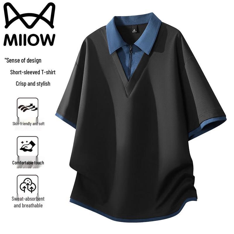 Maoren Men s Faux-Layered Loose-Fit Polo T-Shirt M