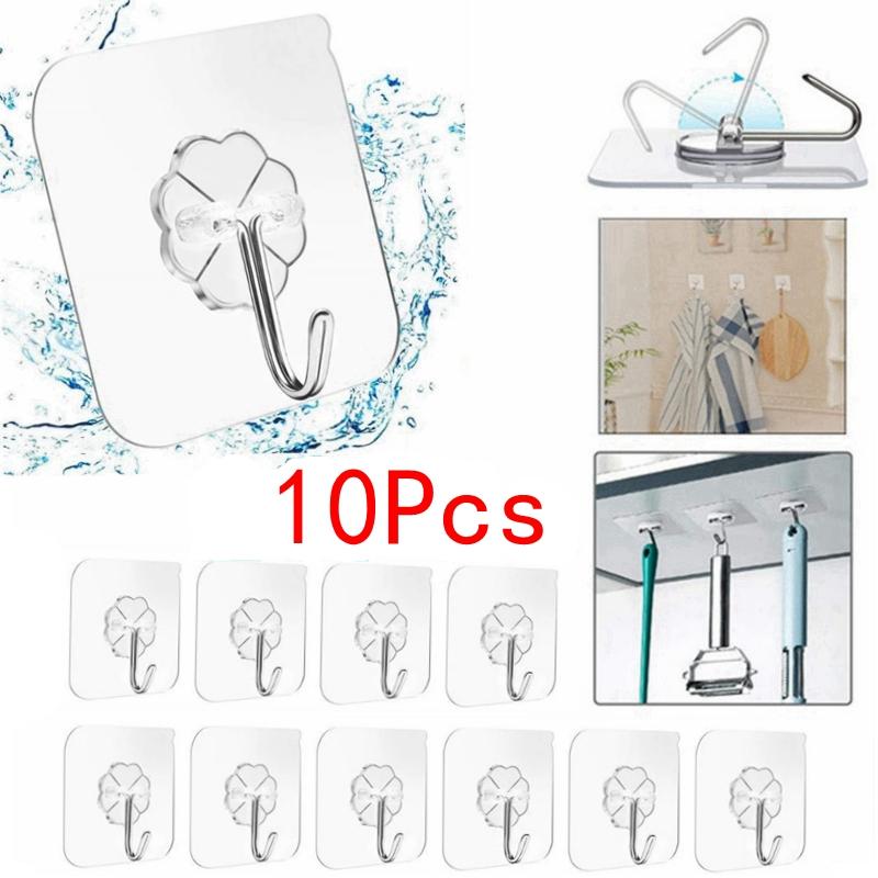 10Pcs Door Hook Adhesive Wall Hooks Transparent Anti-skid Traceless Heavy Duty Stick On Hook Bathroom Kitchen Wall Stickers
