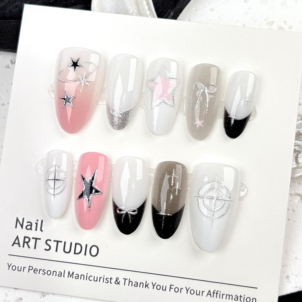 24PCS Pink Leopard Print Blush Almond Press On Nails Sweet Bowknot False Nails Simple French Fake Nails with Diamond Wearable