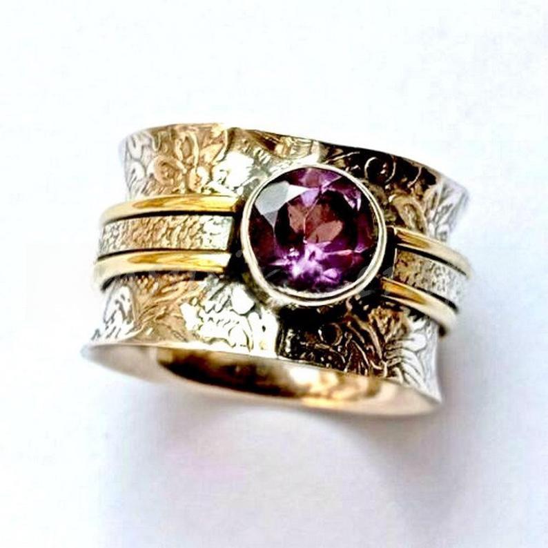 Purple & Gold Patterned Ring - Minimalist Vintage Style