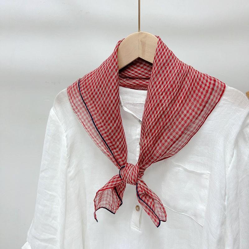 Literary And Elegant Yarn-Dyed Linen Plaid 70Cm Small Square Scarf, Neck Protection Japanese Simple And Versatile Small Scarf