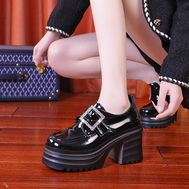 Super High Heel Square Heel Loafers Round Toe Slip-on Party Ladies Shoes on Sale 2024 Fashion Metal Decoration Solid Pumps