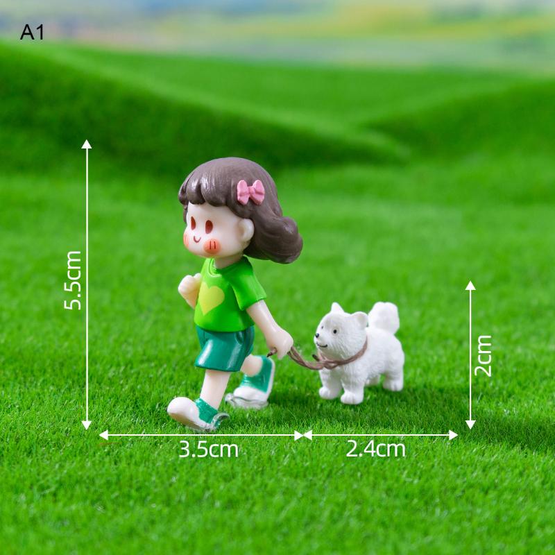 1Pc Fairy Garden Dog-Leading Girl Doll Figures Micro Landscape Valentine's Day Gift PVC Crafts Fairy Garden Decor Home Ornament