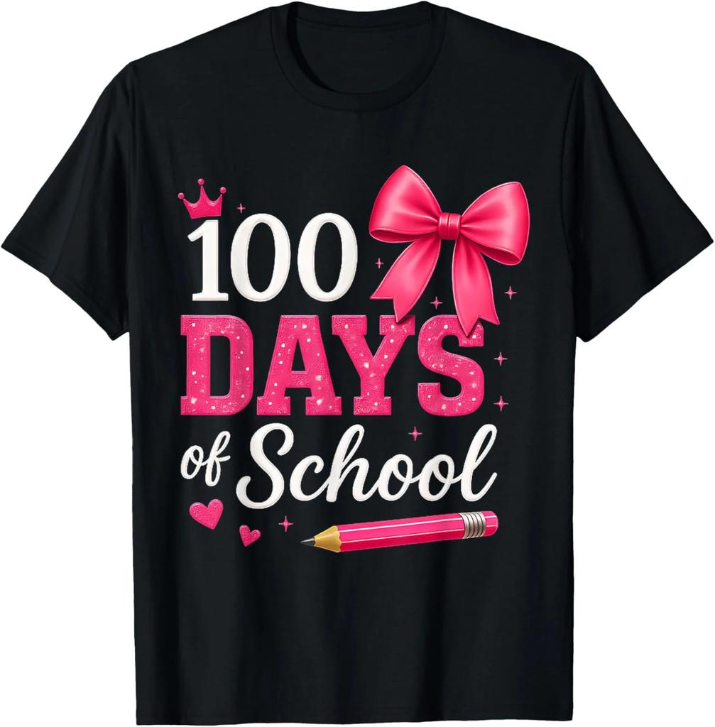 100 Days of School Glitter Bow Graphic Tee Cotton Short Sleeve TShirt Celebration Gift