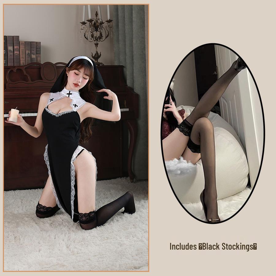 Golden Night Lingerie: Sexy Hollow Out Nun Role-Play Nightgown With Slit