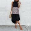Summer new neck skirt slim sleeveless leopard print splicing dress
