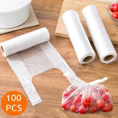100 Stück durchsichtige Plastik Einweg Frischhaltebeutel Kühlschrank Supermarkt Frischeträger transparente Tasche mit Griffen für Lebensmittel