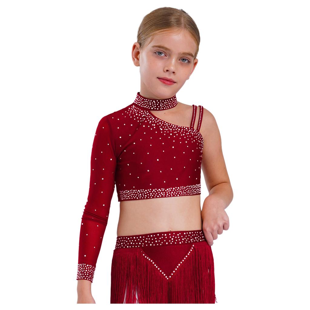 Kinder Mädchen Tanzoberteil Funkelnde Strasssteine Crop Top, Einzigartiges unregelmäßiges Schulterdesign für Bühnenauftritte & Tanzwettbewerbe
