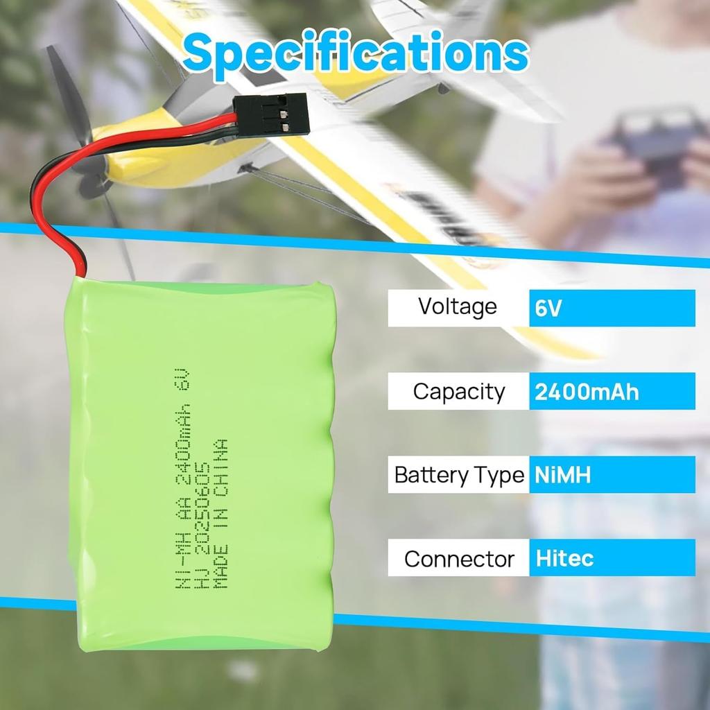 6V 2400mAh NiMH Receiver Battery with Hitec Connector - AA NiMH Rechargeable Battery Pack for RC Helicopters, Model Aircraft