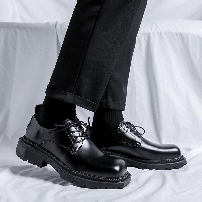 men's casual genuine leather shoes lace-up derby shoe square toe platform sneakers business wedding dress black stylish footwear