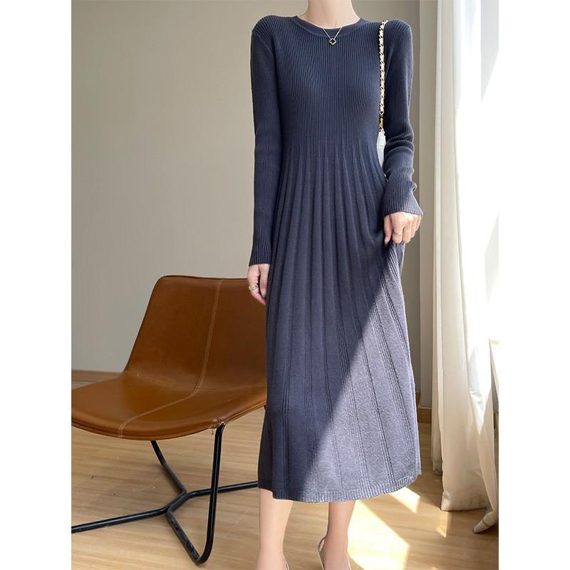 Womens Long Knit A-Line Dress With Round Neck Oversized Coat Layering Style Winter Casual Slim Fit Sweater Navy Blue