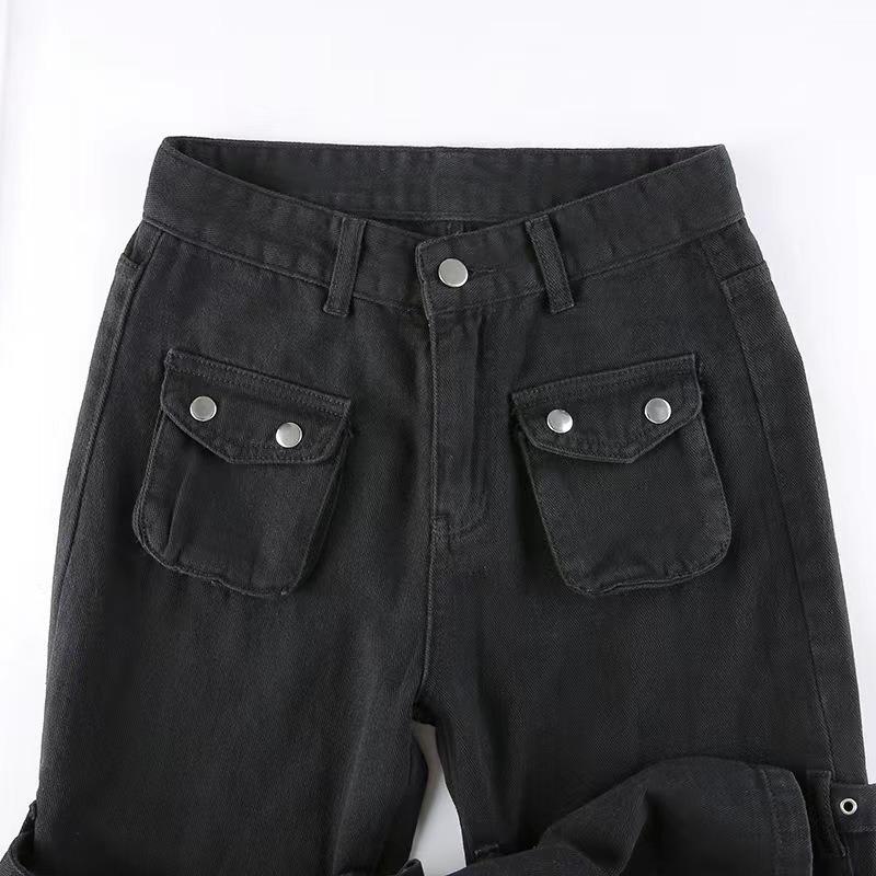 Women Gothic Print Strap Decor Flare Cargo Jeans Streetwear High Waist Denim Pants