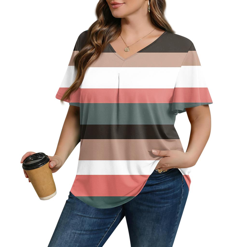 Women's Plus Size Fashionable Casual Loose-Fit Short Sleeve Elegant V Neck Blouse For Work