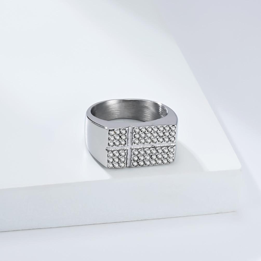 Hiphop Stainless Steel Shinny Zircon Cross Ring for Men PVD Gold Plated Jewelry