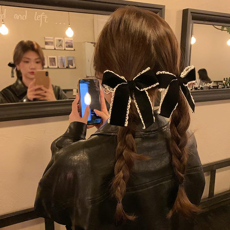 Black lace edge velvet hairpin bow double ponytail streamer edge clip headdress