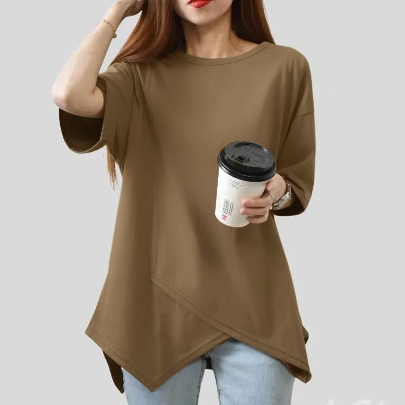 

ZANZEA Женская повседневная однотонная свободная футболка с круглым вырезом и коротким рукавом S хаки