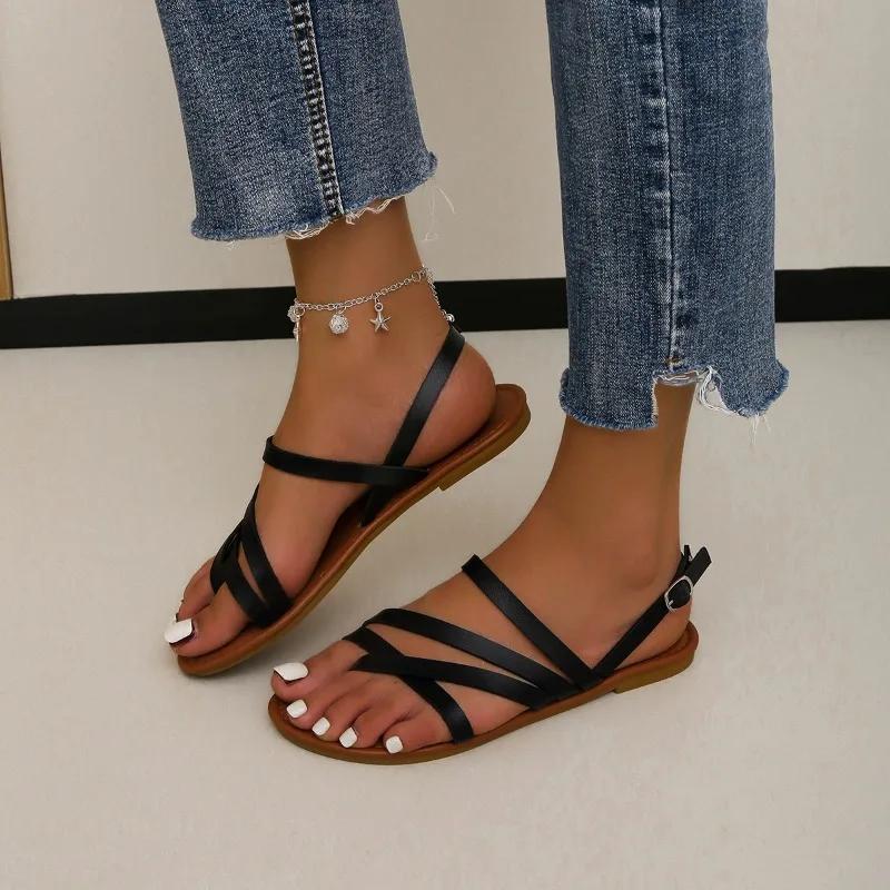 

2025 Fashion Ladies Shoes Pinch Toe Women s Sandals New Narrow Band Summer Beach Buckle Strap Light Soft Bottom Flat Sandals 43 коричневий