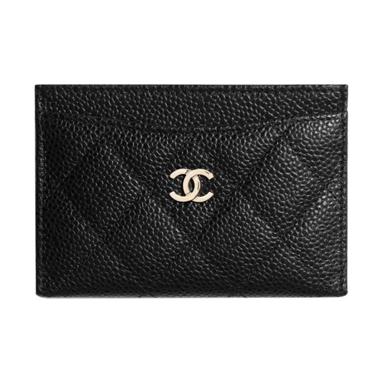 Chanel Elmas Izgara Altın Düğmeli Çift Taraflı Yuvalı Boncuklu Balık Ağı Deri Cüzdan Kartlık Unisex Çift Versiyonu Siyah