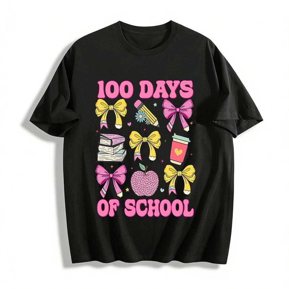 

100 Days of School Coquette Bow Print Teacher Student Casual Tee Pure cotton T-shirt XXS