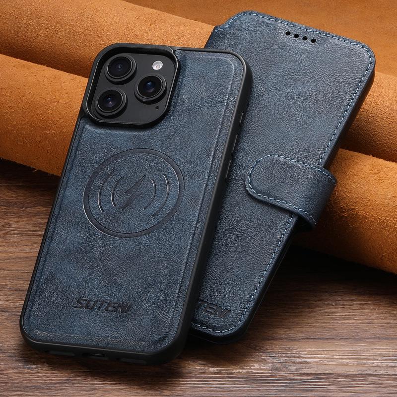 iPhone17 Pro Max Flip Case with Card Slot, Magnetic Snap, Wireless Charging Stand, and Leather Finish