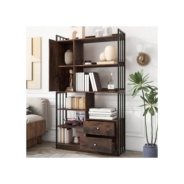 Bookshelf - MUVOE - 6 Shelves - Antique Brown - Drawers and Doors - Industrial Vintage Style