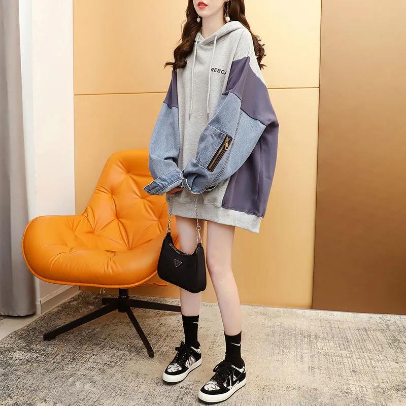 Denim Patchwork Hooded Sweatshirt, Fake Two-Piece, Mid-Length Loose Fit, 2025 Korean Style, Plus Size Pullover Hoodie