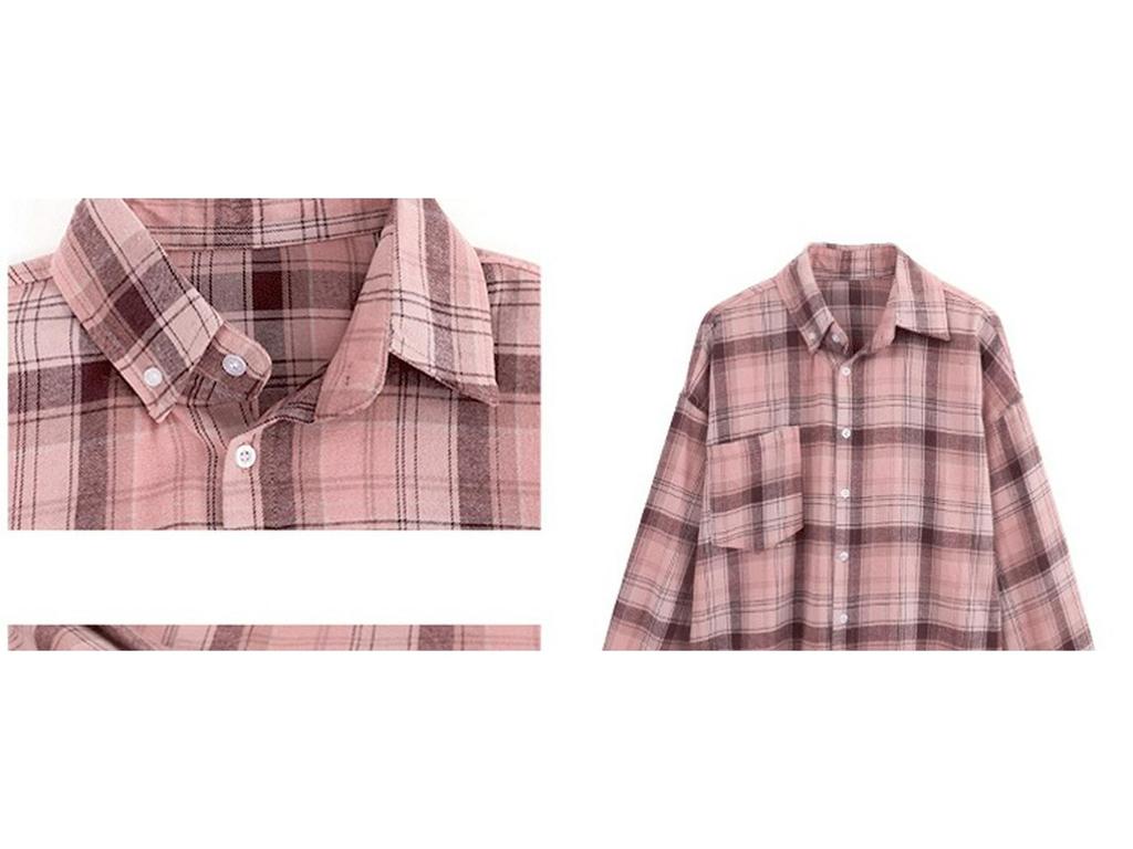 Women's Pink Plaid Polo Collar Shirt Jacket - 2024 Summer, Mid-Length, Sun Protection, Long Sleeve Top