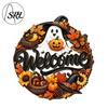 Holiday Door Sign for Store Entry Halloween Pumpkin Ghost Wooden Welcome Hanger Sign, Cute Wall Ornament with Bell Party Hanging Rope, Decor