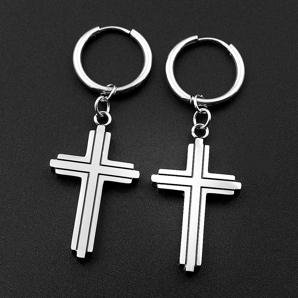 Stainless Steel Christian Religious Cross Hoop Earrings for Men Women Gold Color Jesus Crucifix Drop Earring Faith Jewelry Gift NONE