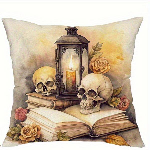 Spooky Halloween Pillow Covers: Cat On Pumpkin, Skull & Lantern, Chair & Raven, Books & Witch Hat Sofa Cushion Cover Gift