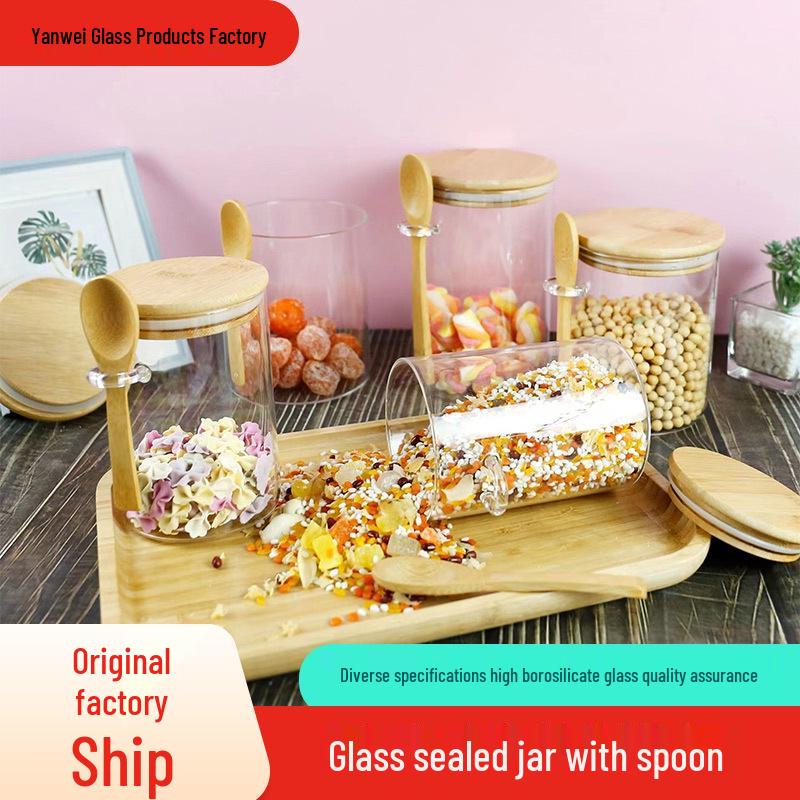 Glass Jar with Spoon: Bamboo Lid Kitchen Storage for Grains and Dried Fruits