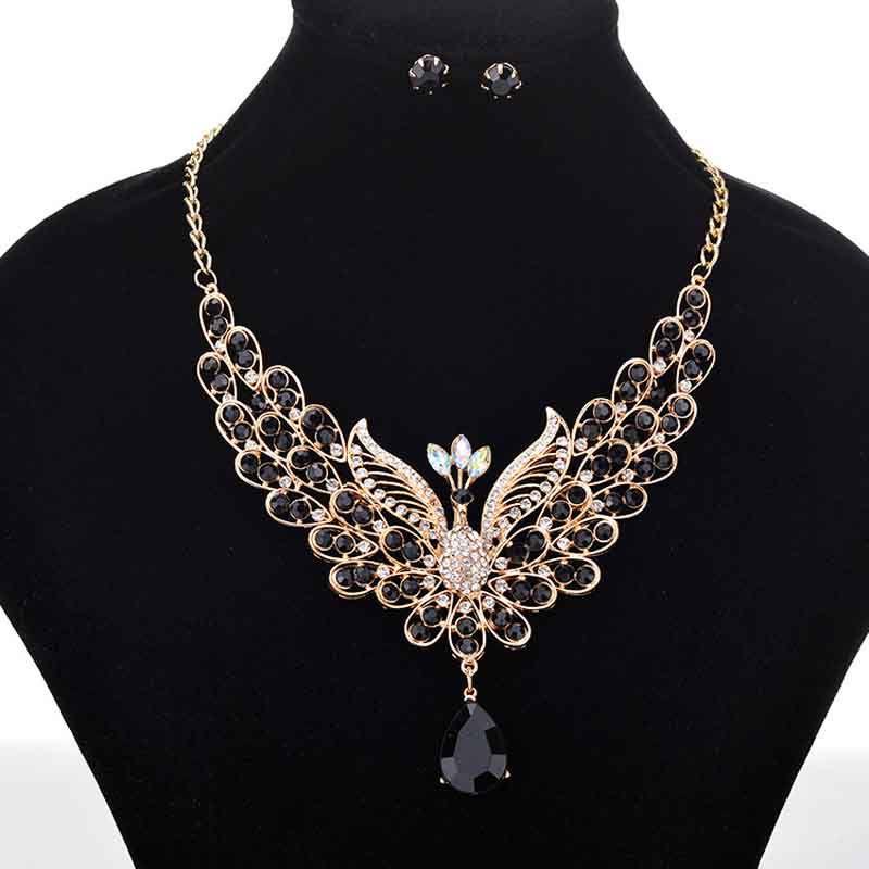 Exquisite Retro Peacock Necklace With Colorful Ear Studs Rhinestone Jewelry Set