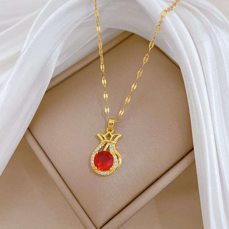 Red Lucky Bag Fashionable Light Luxury Temperament Gorgeous Full Diamond Necklace Female Versatile Collarbone Chain Titanium Steel Chain