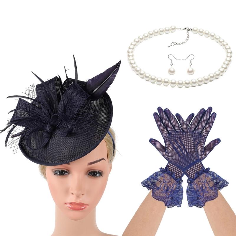 20s Derby Hat with Feathered Necklace Earrings Gloves For Women Horse Racing Event and Cocktails Party Props Headwear
