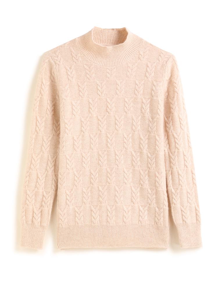 Women's Heavyweight Cashmere Cable Knit Top, Long Sleeve, Semi-High Neck, Loose, Warm Sweater for Autumn/Winter.