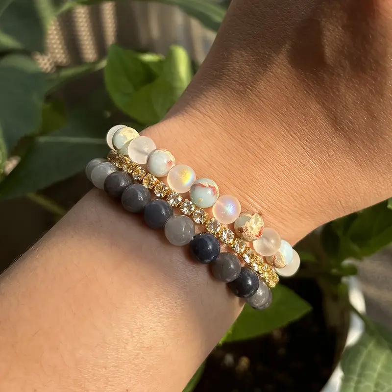 Seven-Color Crystal & Shoushan Stone Elastic Bracelet