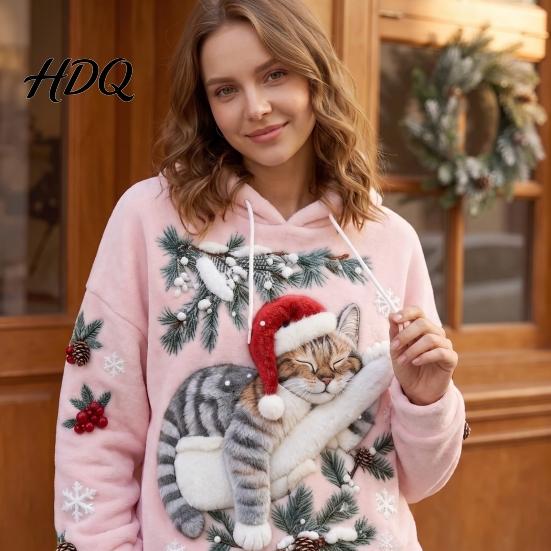 Christmas Cat Print Hoodie Women Hoodie Oversized Long Sleeve Pullover Sweatshirt Daily Wear Sweatshirt Casual Loose Drawstring Hooded Top