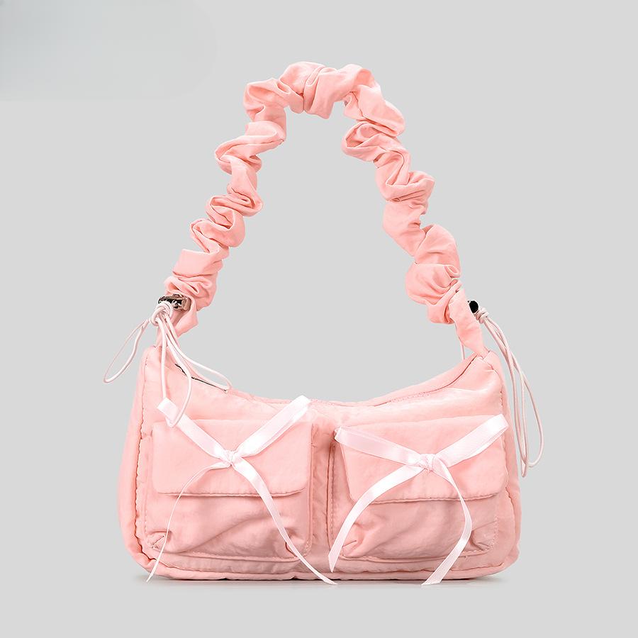 Fashion Bowknot Shoulder Crossbody Bag Women Casual Nylon Drawstring Shoulder Strap Wrinkle Handbag